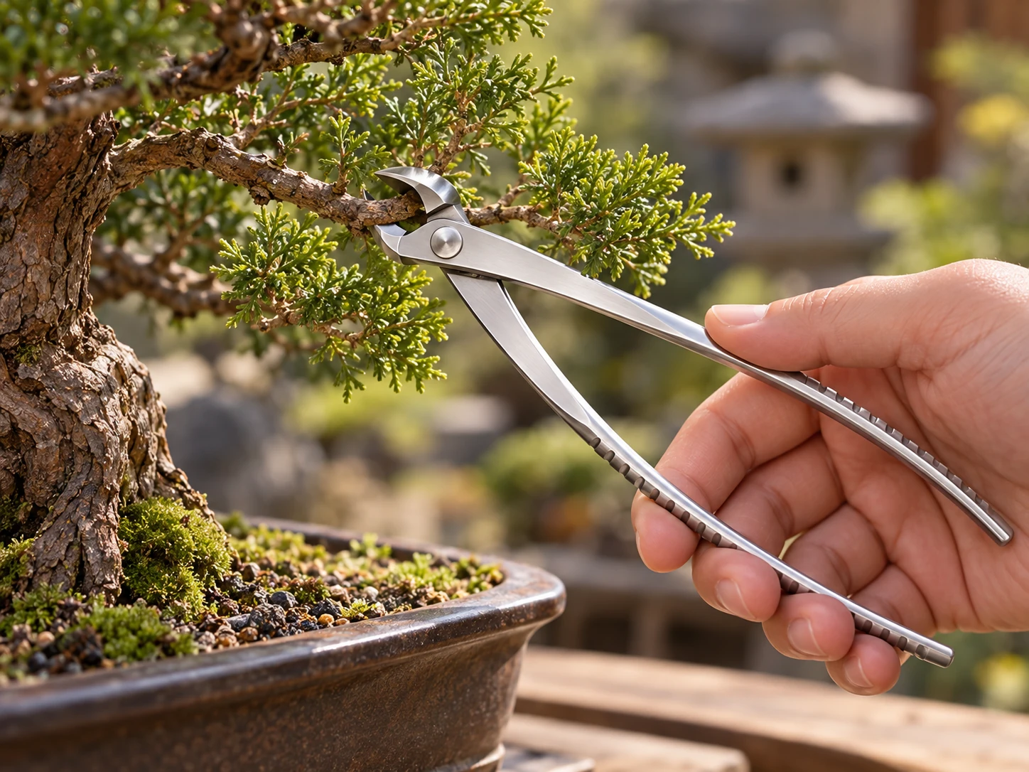 Bonsai scissors trimming fine foliage beside a potted tree
